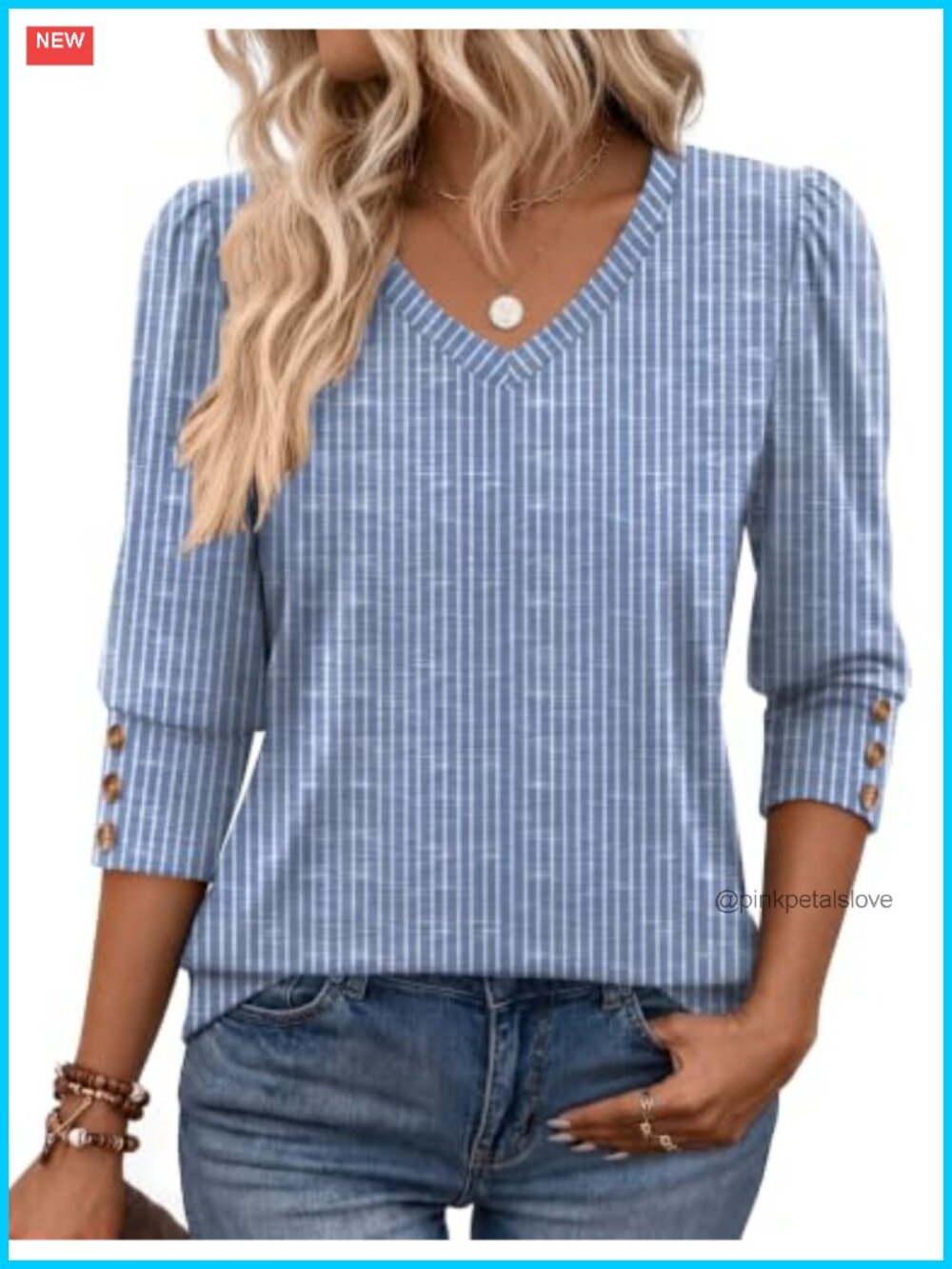 Womens 3/4 Sleeve V Neck Tunic Top Puff Sleeve Button Dressy Casual Blouse